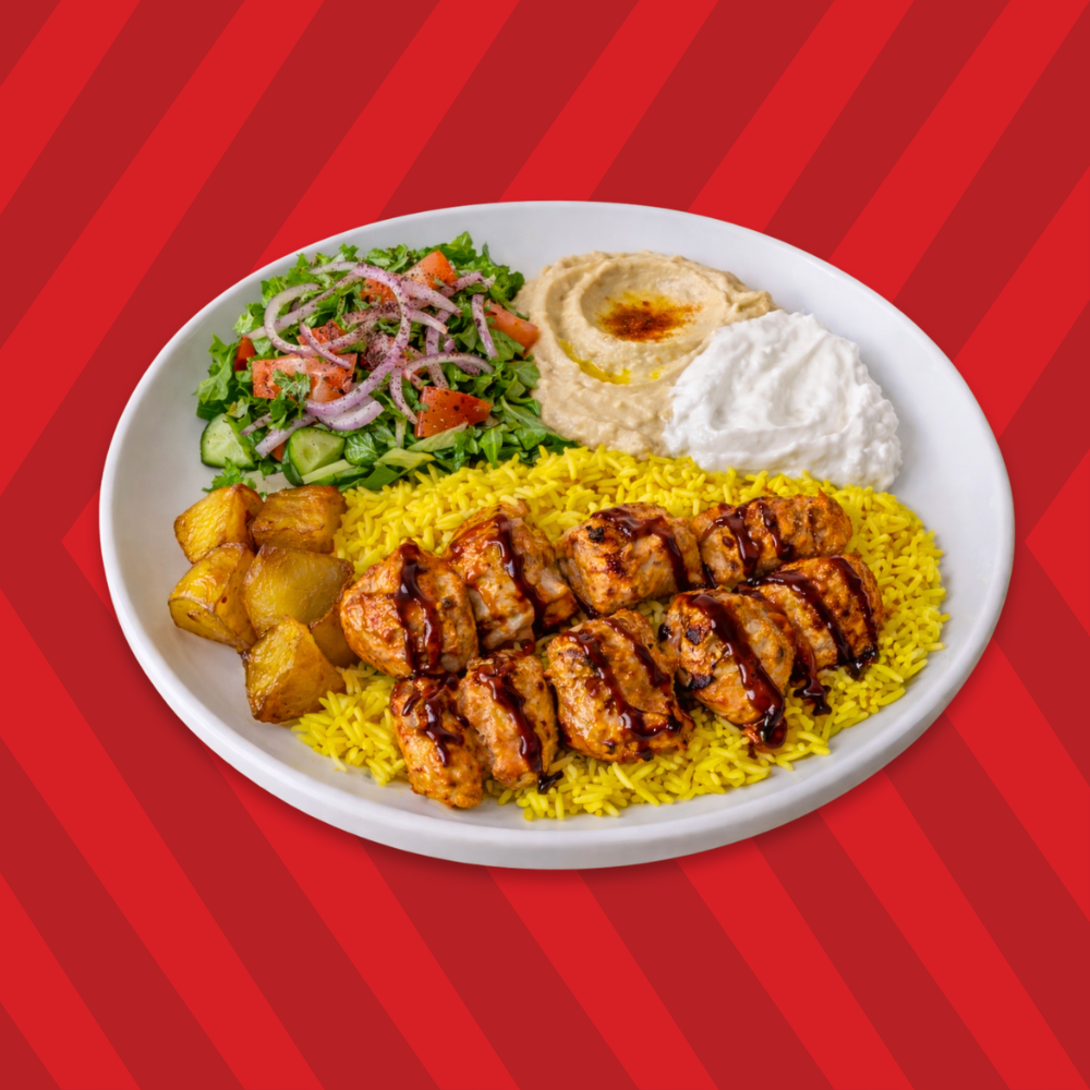 Chicken shish tawouk plate with rice and salad